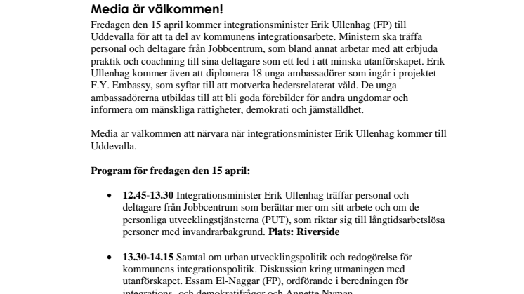 Integrationsminister Erik Ullenhag besöker Uddevalla