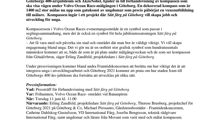Pressinbjudan till Frihamnen: "Sätt färg på Göteborg" tar ut kursen mot år 2021 under Volvo Ocean Race