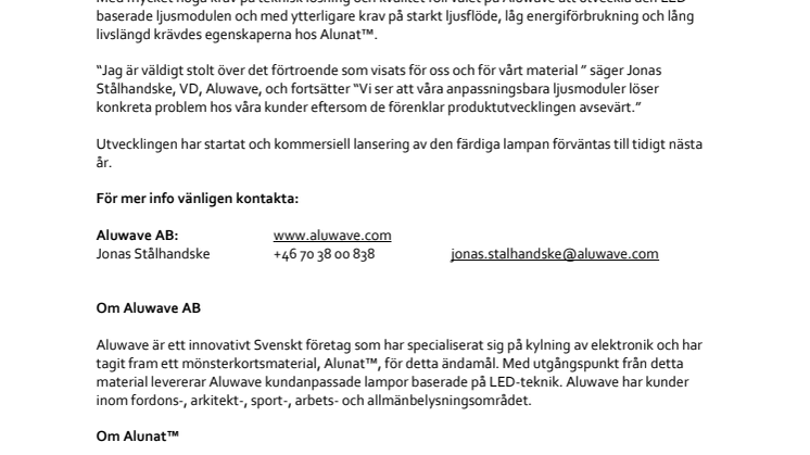 Aluwave AB skriver kontrakt värt 10 MSEK på LED-baserade ljusmoduler byggt på Alunat™
