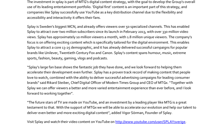MTG invests in Splay, Sweden’s leading YouTube network
