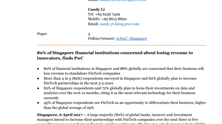 80% of Singapore financial institutions concerned about losing revenue to innovators, finds PwC