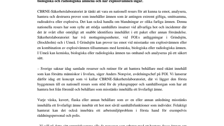 FOI lanserar laboratorium för säker hantering av farliga ämnen