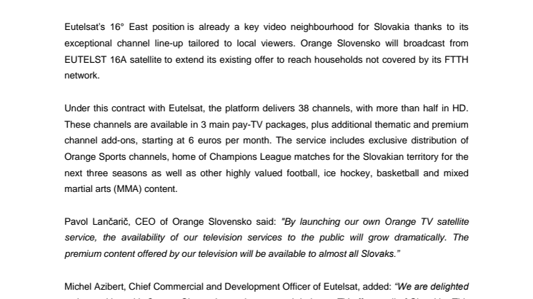​Orange Slovensko selects EUTELSAT 16A to expand its pay-TV offer via satellite