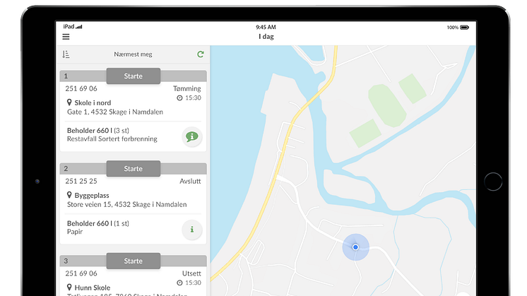 Føreren får informasjon om den optimale kjøreruten via en app og kan se oppdragene sine i et kart. 