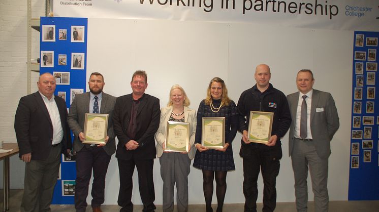 The graduates with founder and CEO of Building Heroes Brendan Williams (far left), course leader Mike Sheldrick (second from left) and GTR Infrastructure Director Keith Jipps (far right)