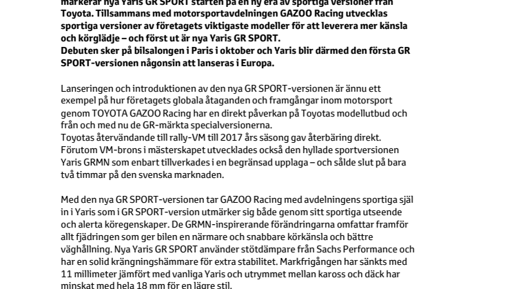 Världspremiär för nya Yaris GR SPORT: Första sportversionen från GAZOO Racing