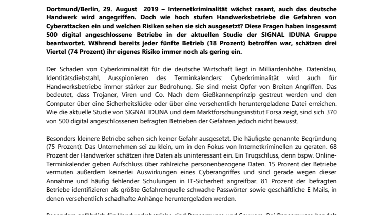 SIGNAL IDUNA Studie: Cyberkriminalität im Handwerk 