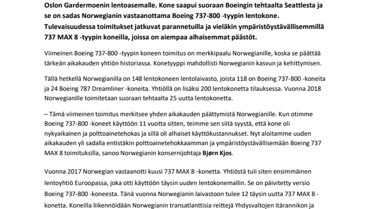 Norwegianin viimeinen Boeing 737-800 -tyypin uusi lentokone on laskeutunut 