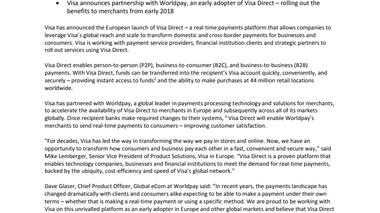 Visa to transform payments in Europe with Visa Direct – a real-time payments platform with global reach