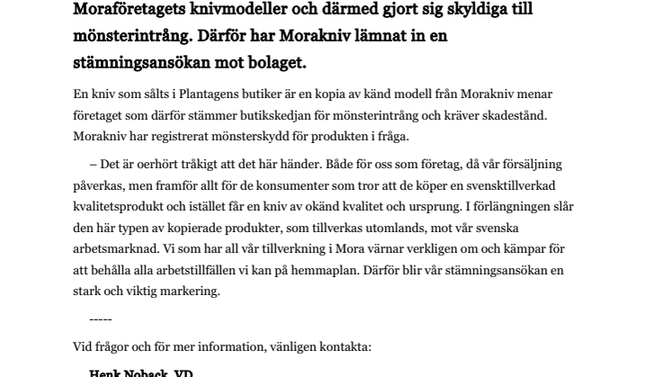 Morakniv stämmer Plantagen