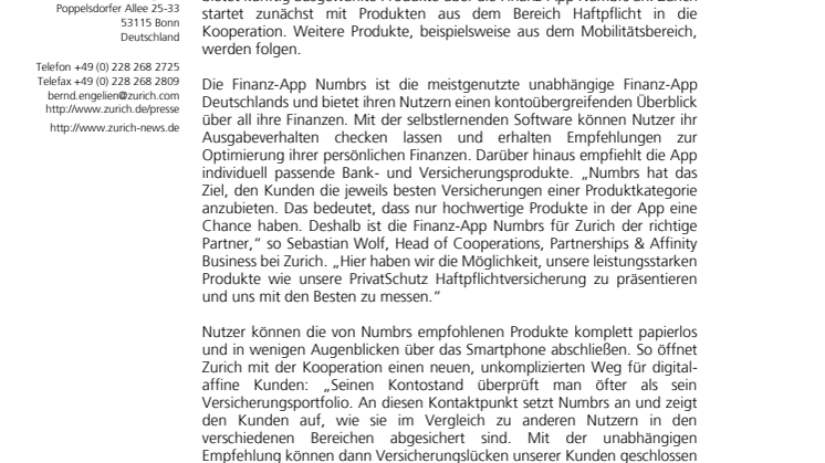 Zurich kooperiert mit Finanz-Plattform Numbrs