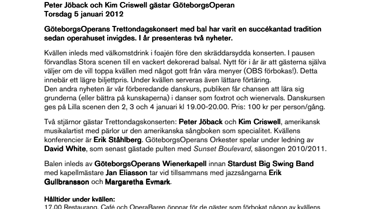 Trettondagskonsert med bal Peter Jöback och Kim Criswell gästar GöteborgsOperan
