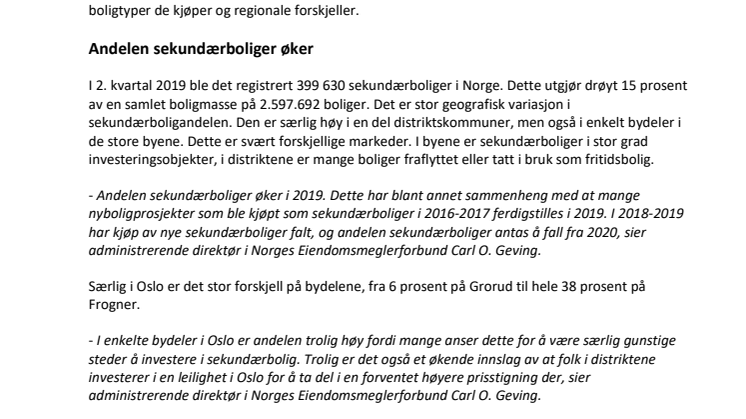 Ny boligstatistikk fra NEF og Ambita: ​15 prosent av de norske boligene er sekundærboliger