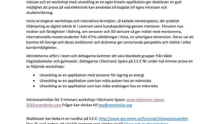 Inicio erbjuder skolor kreativa elektroniska workshops under S.E.E. – Scandinavian Electronics Event den 24-26 april på Kistamässan 