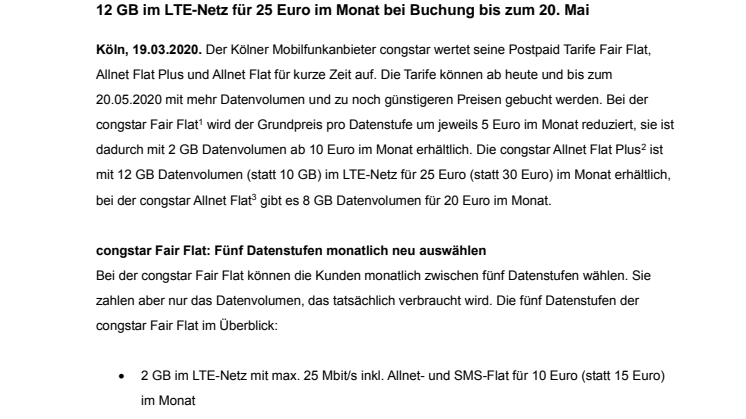 congstar Aktionen: Mehr Daten und Rabatte für Fair Flat und Allnet Flat Tarife