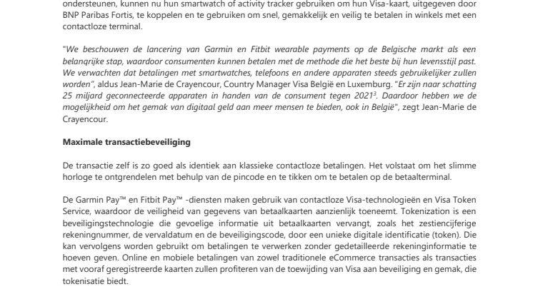 Klanten van BNP Paribas Fortis met een Visa-kaart kunnen nu betalen met hun Garmin en Fitbit-wearables in België