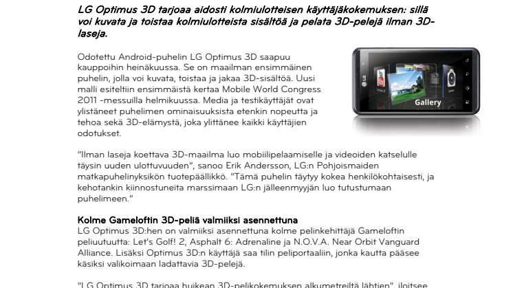 Maailman ensimmäinen 3D-puhelin LG Optimus 3D kauppoihin heinäkuussa