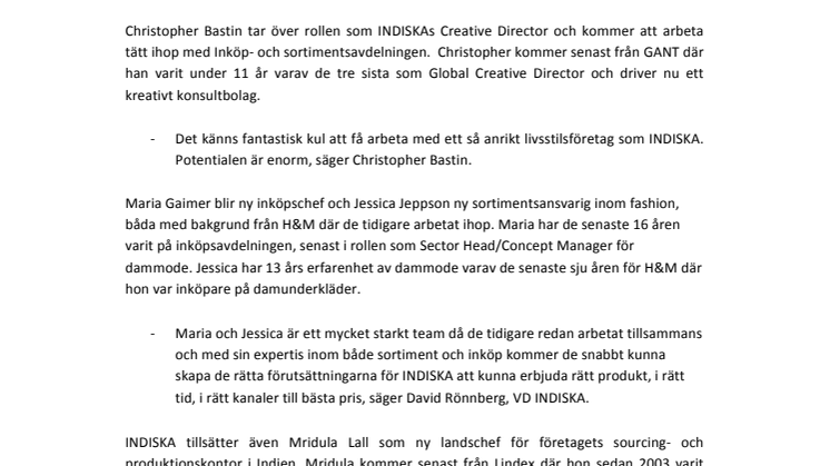 INDISKA rekryterar starka profiler till ledningsgruppen 