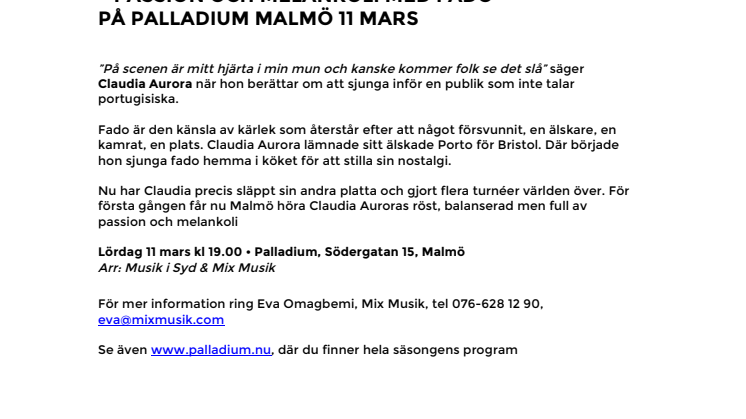 Claudia Aurora gör Malmöpremiär – Fado med passion och melankoli på Palladium Malmö 11 mars 