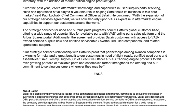 Satair and VAS Aero Services further expand their strategic services cooperation to include market-critical  airframe and engine products
