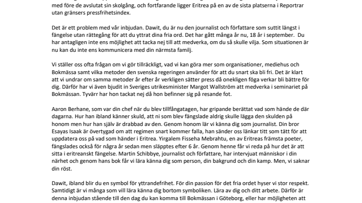 Dawit Isaak bjuds in till Bokmässan i Göteborg