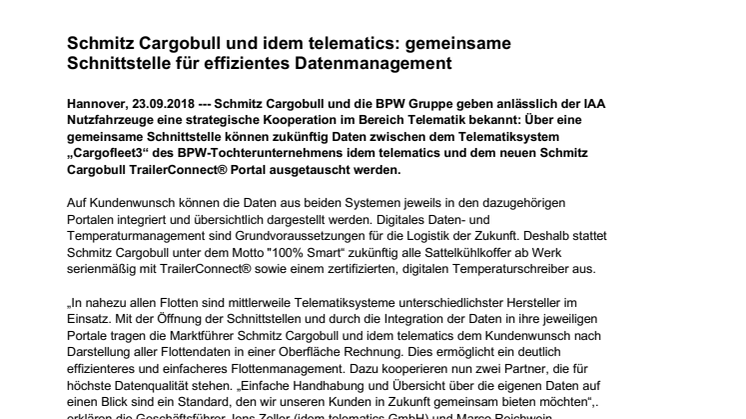 Schmitz Cargobull und idem telematics: gemeinsame Schnittstelle für effizientes Datenmanagement 