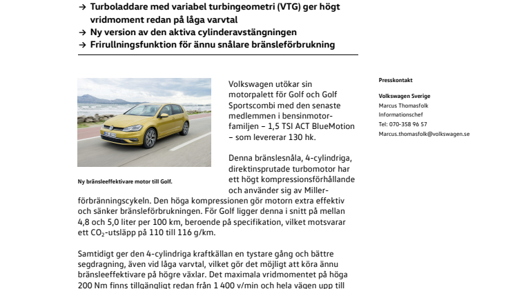 Säljstart för ny TSI-motor till Volkswagen Golf – tekniska finesser reducerar förbrukning och utsläpp