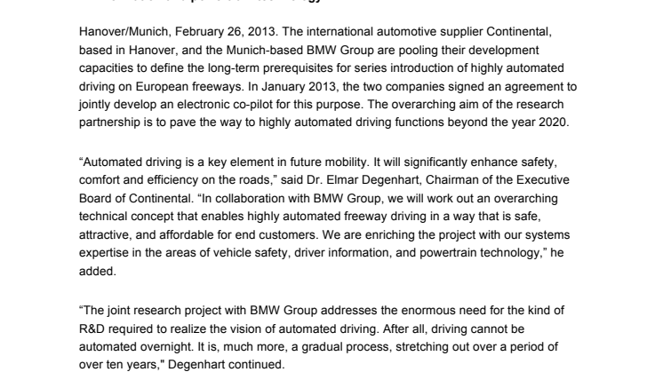 Continental och BMW satsar på högautomatiserad körning på europeiska motorvägar