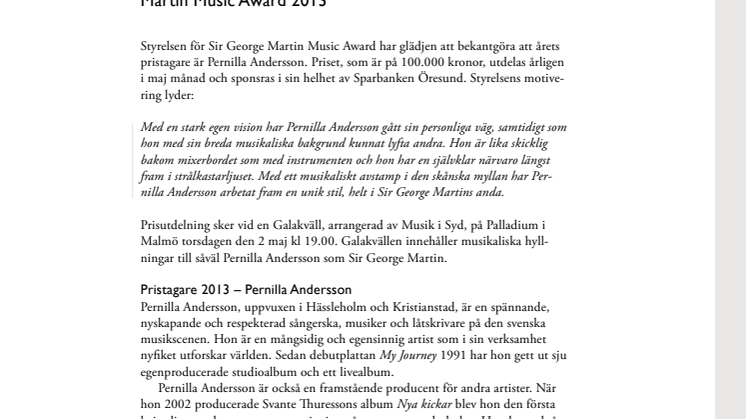 Pernilla Andersson får Sir George Martin Music Award 2013