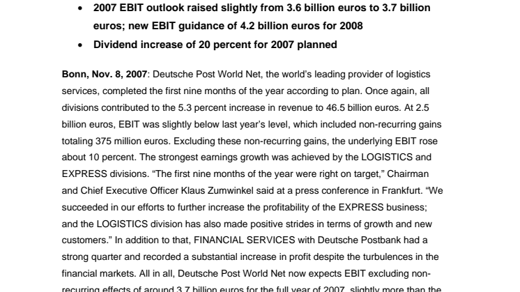 Deutsche Post World Net: Business on track in the first nine months of 2007