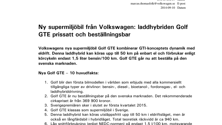 Ny supermiljöbil från Volkswagen: laddhybriden Golf GTE prissatt och beställningsbar