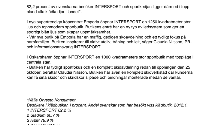 25 oktober öppnar INTERSPORT två nya moderna sportbutiker -  en i nya affärscentrat Emporia och en i centrala Oskarshamn