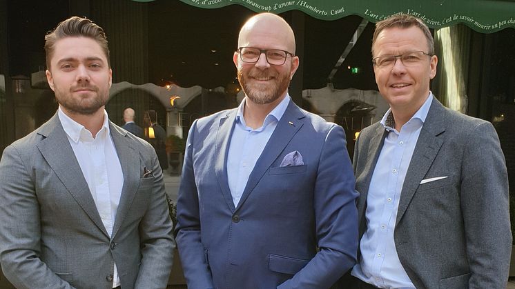 Alarik Sandrup (mitten) valdes till ny ordförande i Svebio vid årsmötet 2 april som hölls via en digital plattform. Årsmötet leddes av Ludwig Kollberg (till vänster), ansvarig för samhällskontakter på Preem. Till höger Gustav Melin, vd för Svebio.