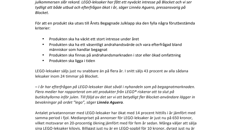 ​Årets Begagnade Julklapp 2015 är LEGO-leksaker 
