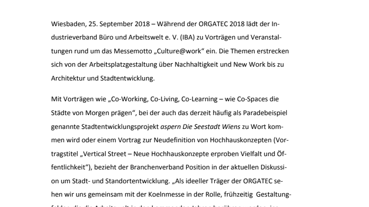 Pressemitteilung: IBA-Bühne zur ORGATEC 2018