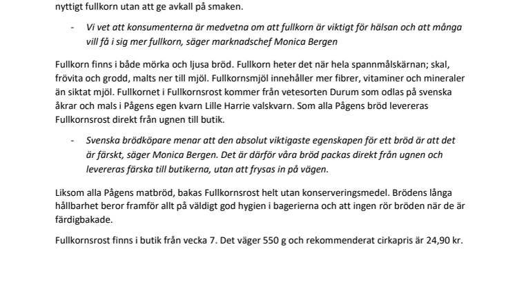 Pågen presenterar Fullkornsrost 
