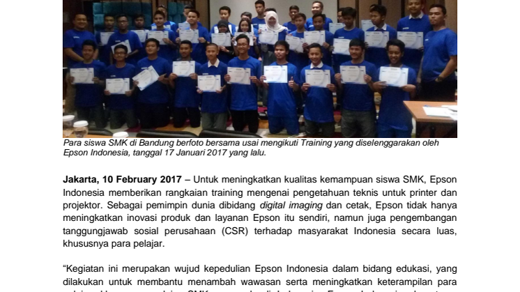 Epson Indonesia Memberikan Pelatihan Teknis mengenai Printer & Projektor bagi Siswa SMK