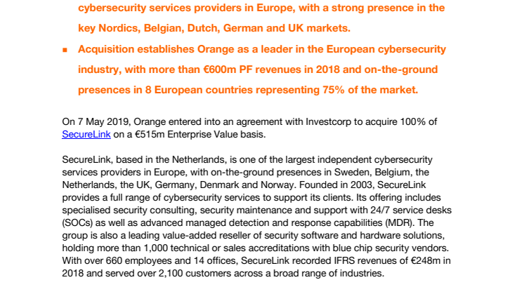 Orange signs an agreement to acquire SecureLink and accelerate its leadership in the European cybersecurity industry