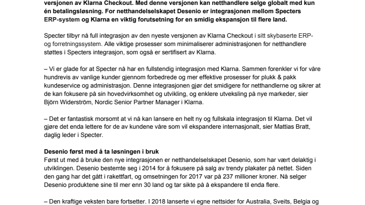Specter lanserar komplett integration till Klarna