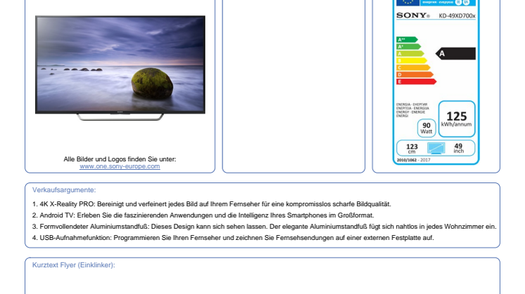 Datenblatt BRAVIA KD-49XD7005BAEP von Sony
