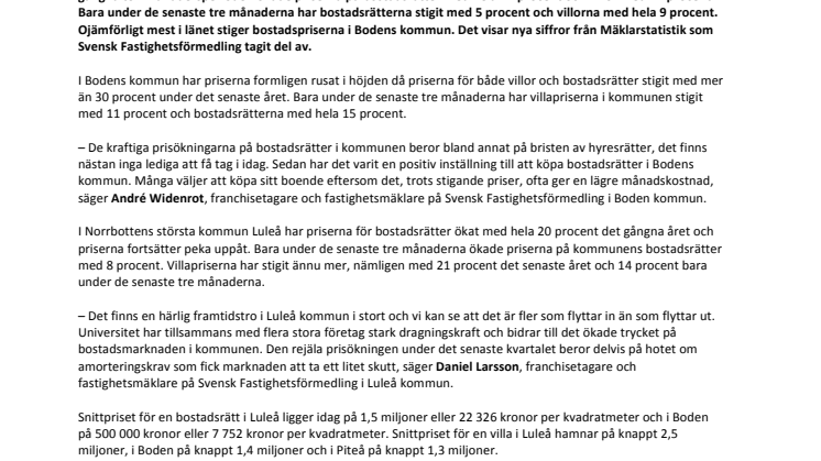 Fortsatt prisökning på bostäder i Norrbotten  – allra mest stiger priserna i Boden