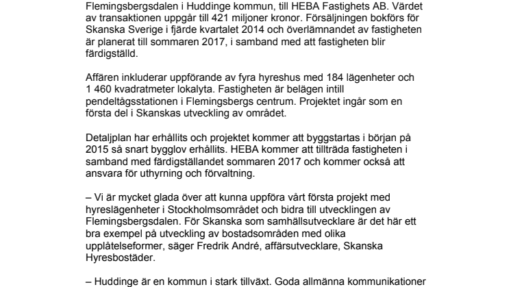 Skanska säljer bostadsprojekt i Stockholm för 421 miljoner kronor