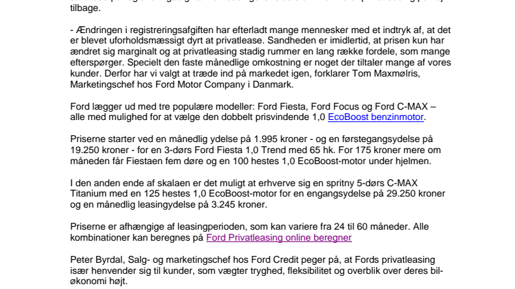 FORD ER TILBAGE MED PRIVATLEASING