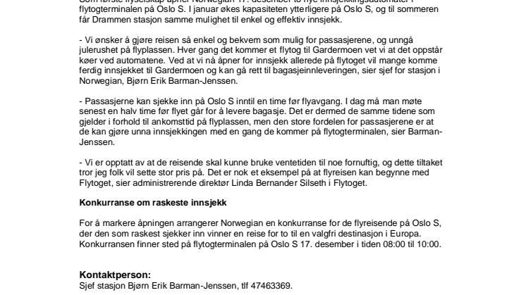 Norwegian lanserer innsjekk på Oslo S