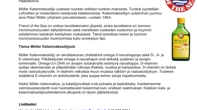 Möller Kalanmaksaöljyllä on Friend of the Sea -sertifikaatti