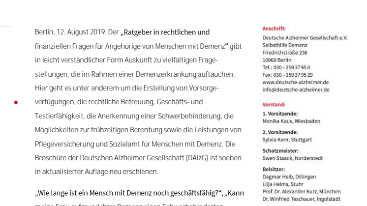 Ratgeber in rechtlichen und finanziellen Fragen bei Demenz – Broschüre der Deutschen Alzheimer Gesellschaft erklärt, was zu tun ist