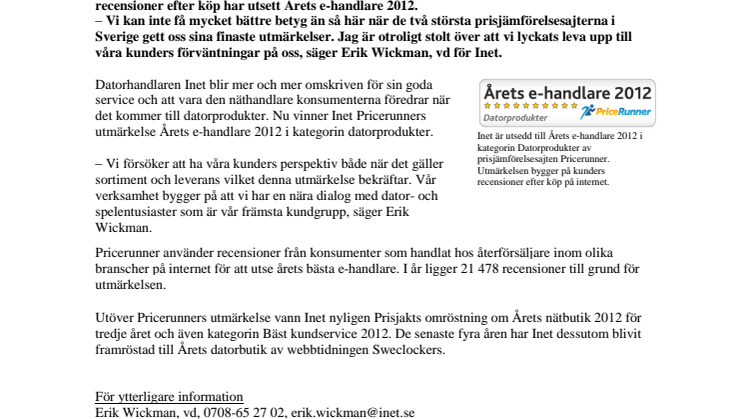 Inet är Årets e-handlare enligt Pricerunners kundundersökning 2012