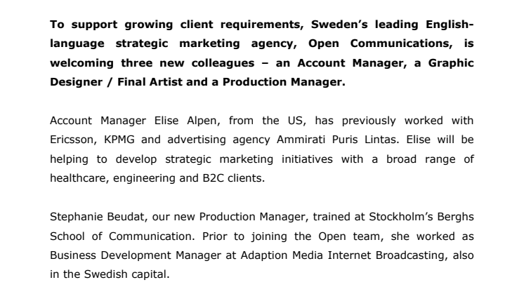 Open Communications Welcomes New Talent