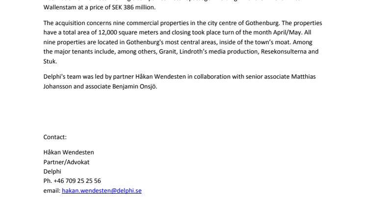 Delphi advised Christer Harling on transfer of real estates in central Gothenburg