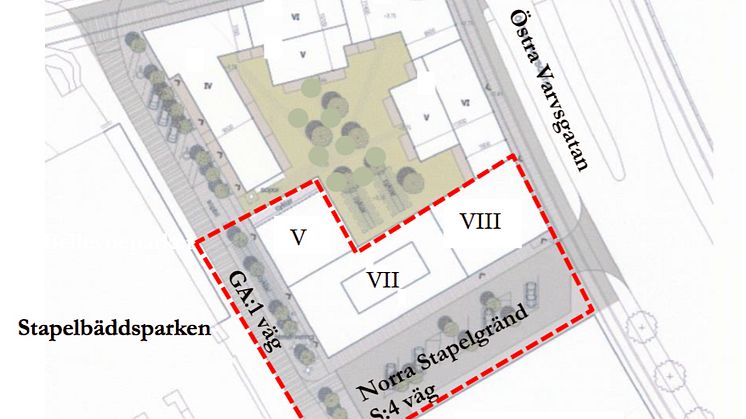 Planområdet med Lilla Varvsgatan i norr, Östra Varvsgatan i öst och Stapelbäddsparken i väst. Illustration av Erséus Arkitekter AB. 